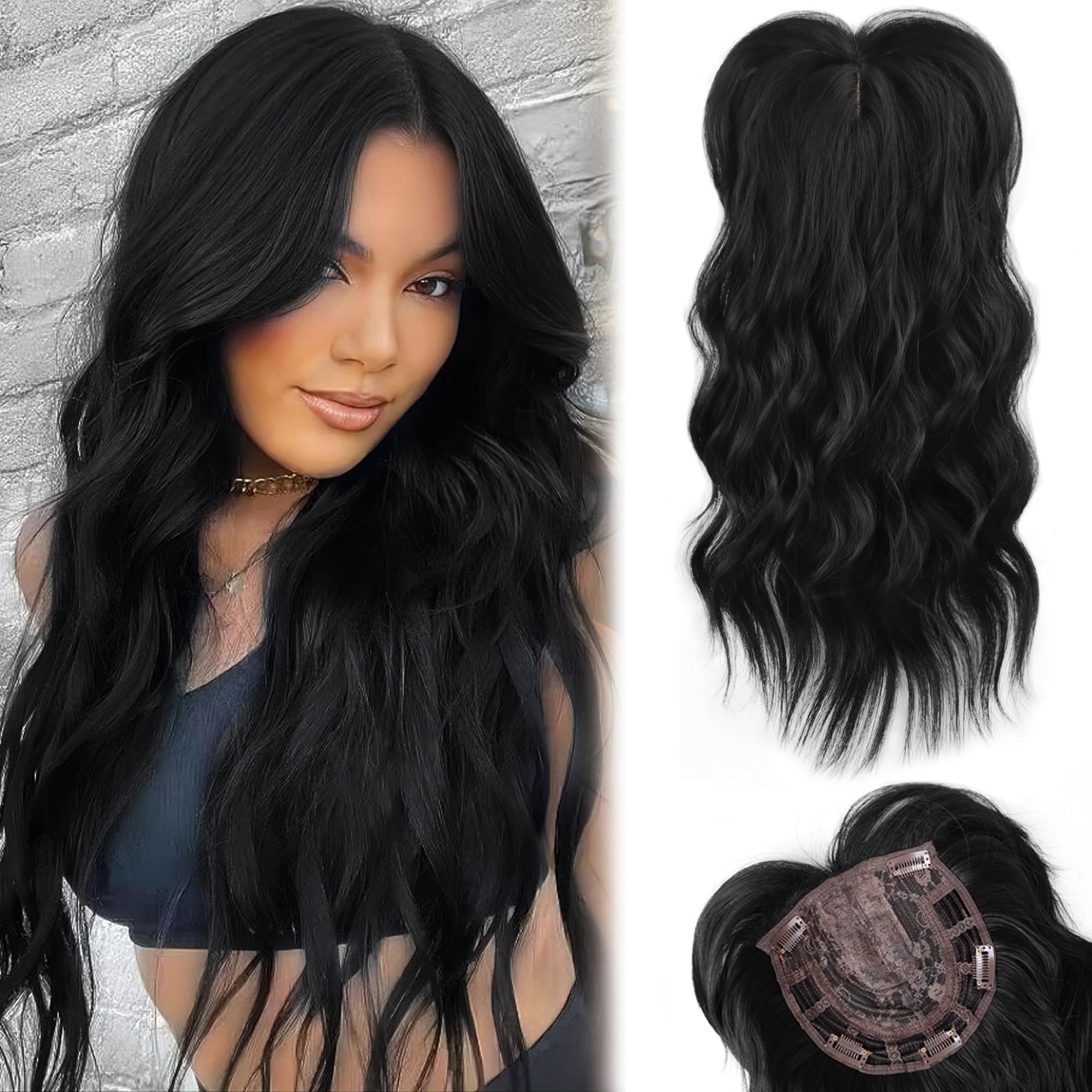 LEEONS Hair Toppers for Women, 20inch Black Wavy Hair Toppers for Women Toppers Hair Pieces for Women with Thinning Hair Synthetic Wig Clip In Hair Topper Wiglets with Fringe Bang, 20INWavyBlack