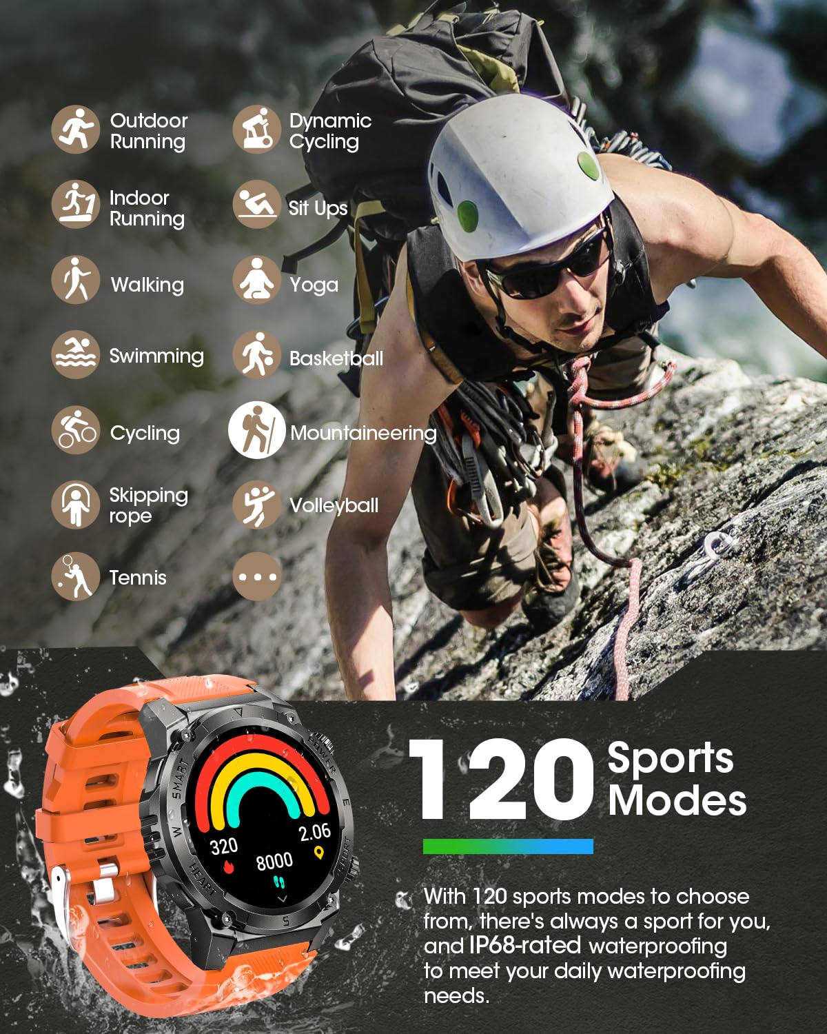 DEKELIFE Smartwatch Uomo Militare, 1.46” Orologio Smartwatch con Chiamata Bluetooth, 500mAH IP68 Impermeabile 120 modalità Sportive Cardiofrequenzimetro e Sonno, Smartwatch per Android iOS, Arancione