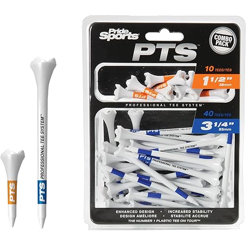 PrideSports PTS Plastic Golf Tees | Combo 50 Pack - 40 3-1/4” and 10 1-1/2” | #1 Plastic Tee on Tour | The Perfect Tee for Any Hole