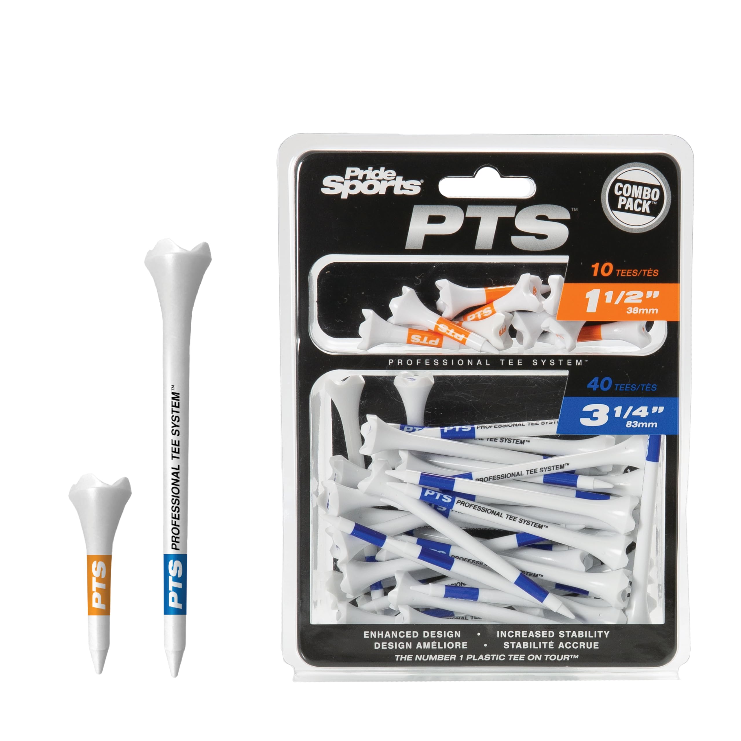 PrideSports PTS Plastic Golf Tees | Combo 50 Pack - 40 3-1/4” and 10 1-1/2” | #1 Plastic Tee on Tour | The Perfect Tee for Any Hole