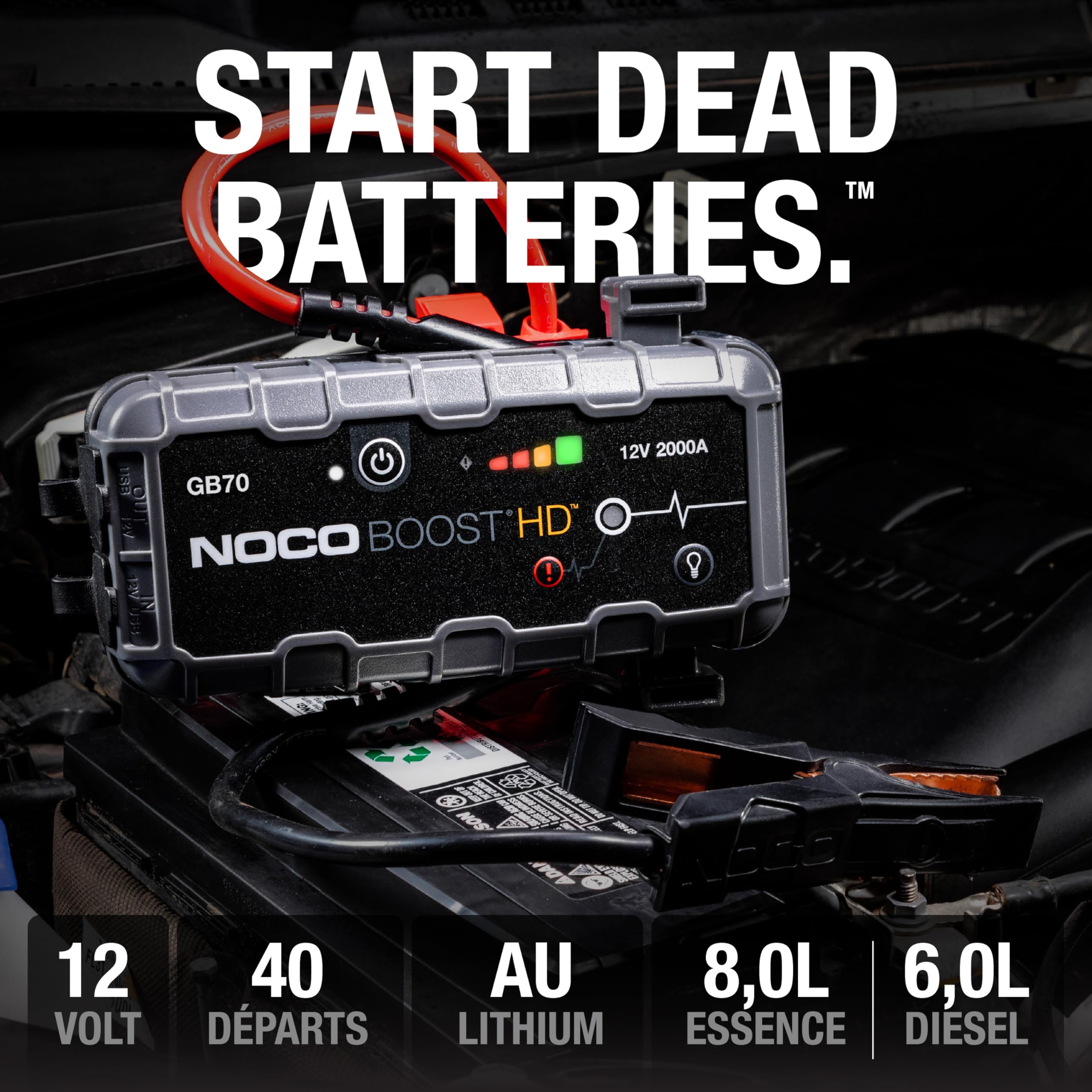 NOCO Boost GB70: Booster Batterie UltraSafe 2000A – Démarreur Lithium 12V Portable avec Powerbank et Chargeur USB – pour Moteurs Essence 8,0L et Diesel 6,0L