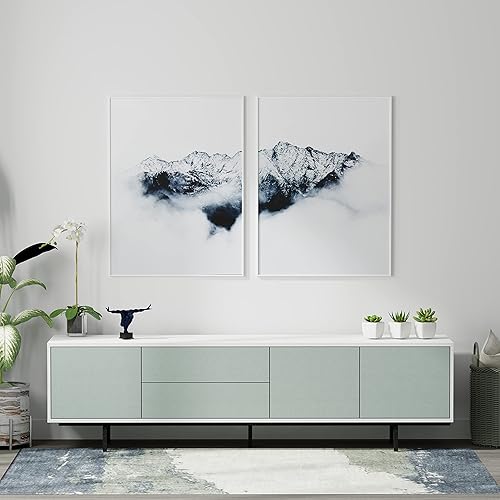 Glenwillow Home Atlas - Mueble moderno para TV de 78 x 20 pulgadas, marco blanco, puerta/cajones de océano jade, base negra