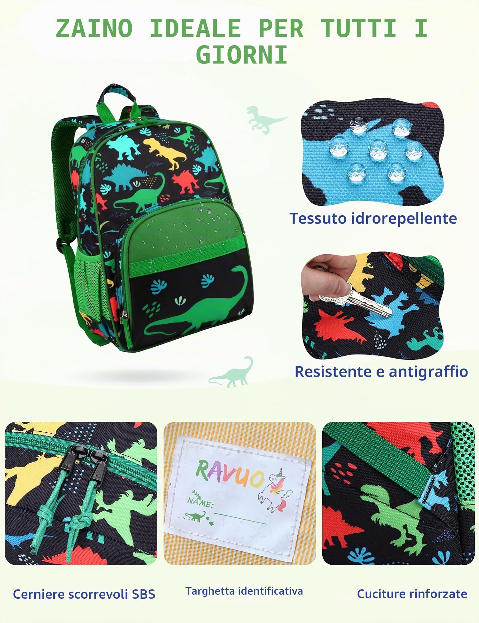 RAVUO Zainetto Bambino, Leggero Zaino Scuola Elementare Impermeabile Zainetto Asilo Bambina Carino Zaino Bimbo Zaino Ragazzo Zainetto Dinosauri Grande per Prescolare 2-10 Anni