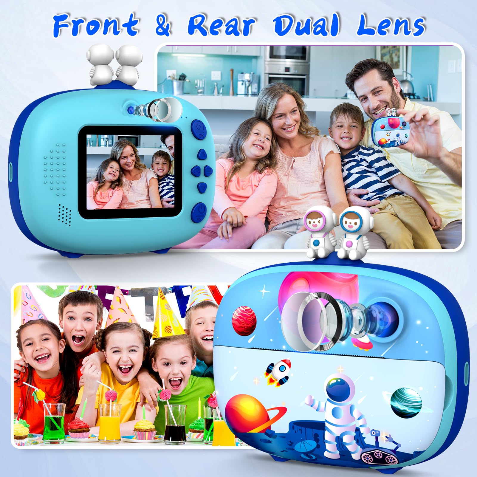 CHAKEYAKE Macchina Fotografica Bambini Istantanea,2,4 Pollici Digitale Fotocamera Bambini con 32GB TF Scheda e Carta Fotografica per Stampa, Regalo per Bambini dai 3-12 Anni (Pianeta Blu)