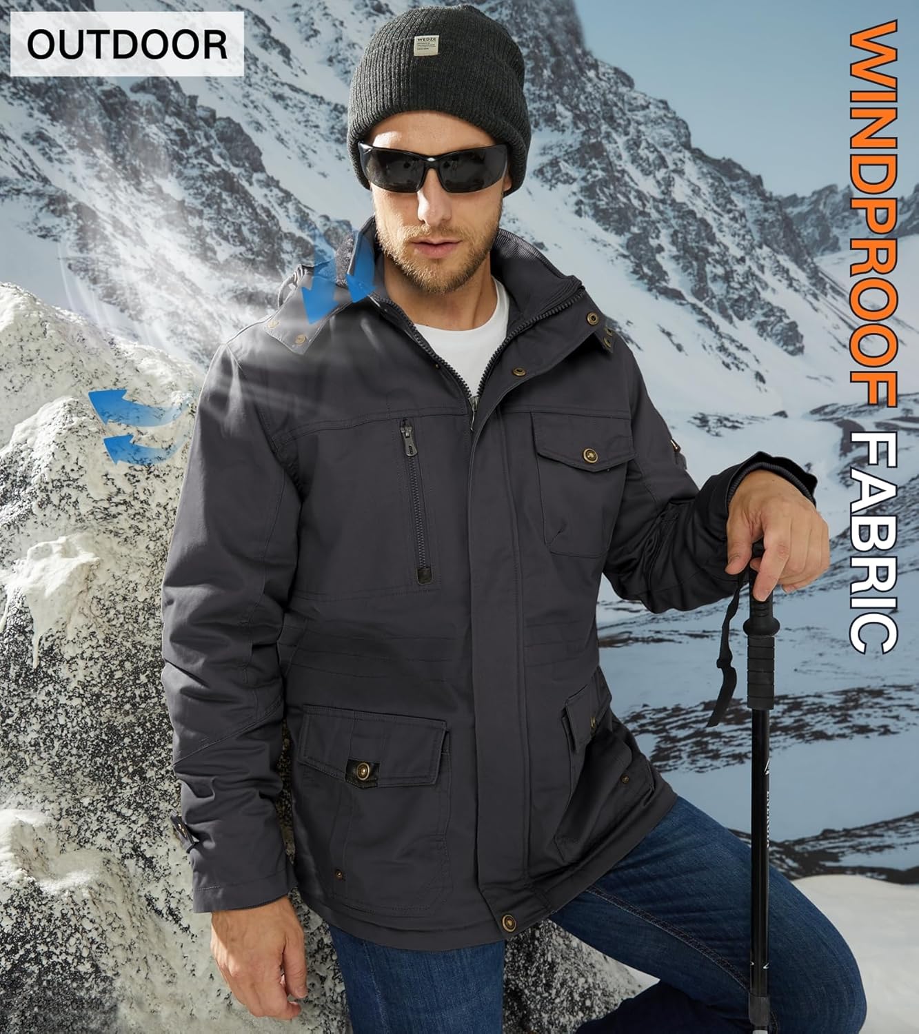 EKLENTSON Men's Winter Coat Fleece Lined Military Jacekt Thick Cotton Parka Jacket Warm Cargo Jacket Work Coat with Hood - Image 2