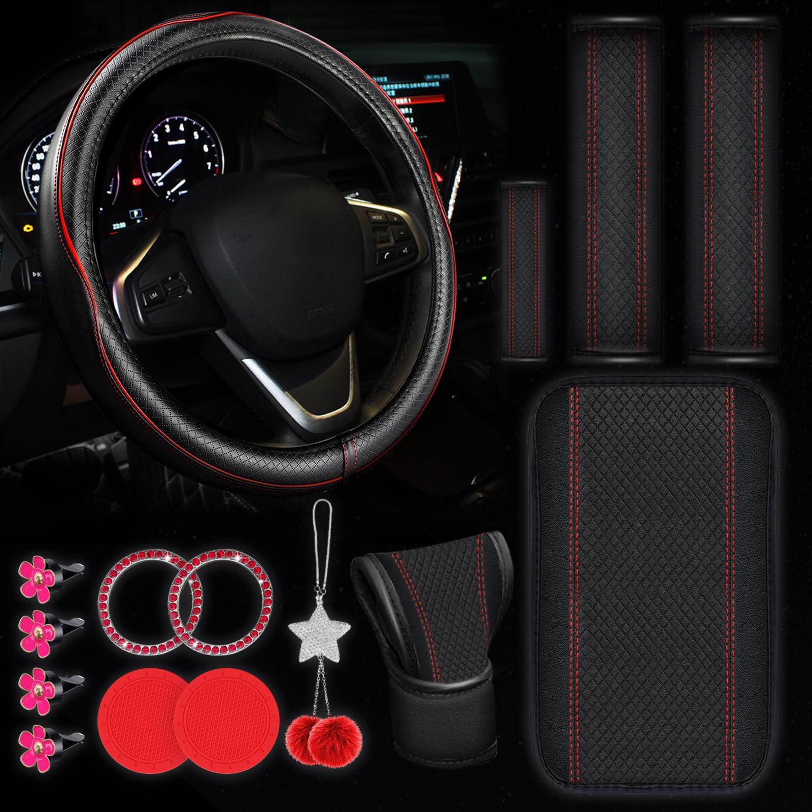 JINGSEN Auto Accessories 15 Pieces Leather Steering Wheel Cover Seat Belt armrest seat Cushion handbrake File Full Condom Bridge Car SUV(Red Line)