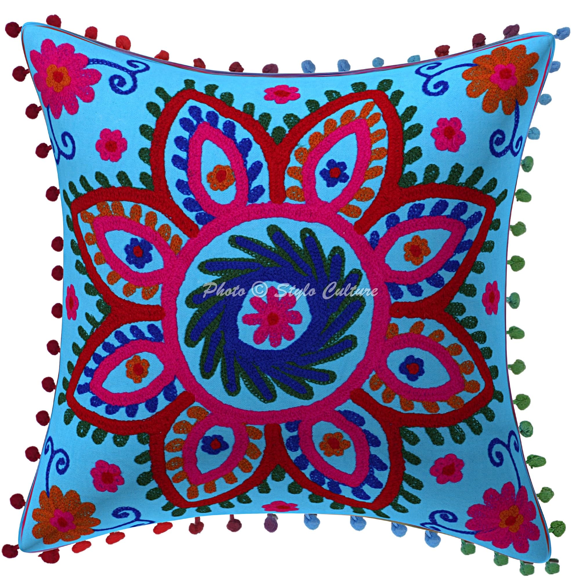 Ethnisch Dekorativ Baumwolle Sofa Kissenbezüge 40x40 cm Türkis Dekokissen Suzani Bestickte Pom-Pom-Spitze Wohnzimmer Couch Kissenhullen Blumen Quadrat Kissen Bezüge - 4 STK.