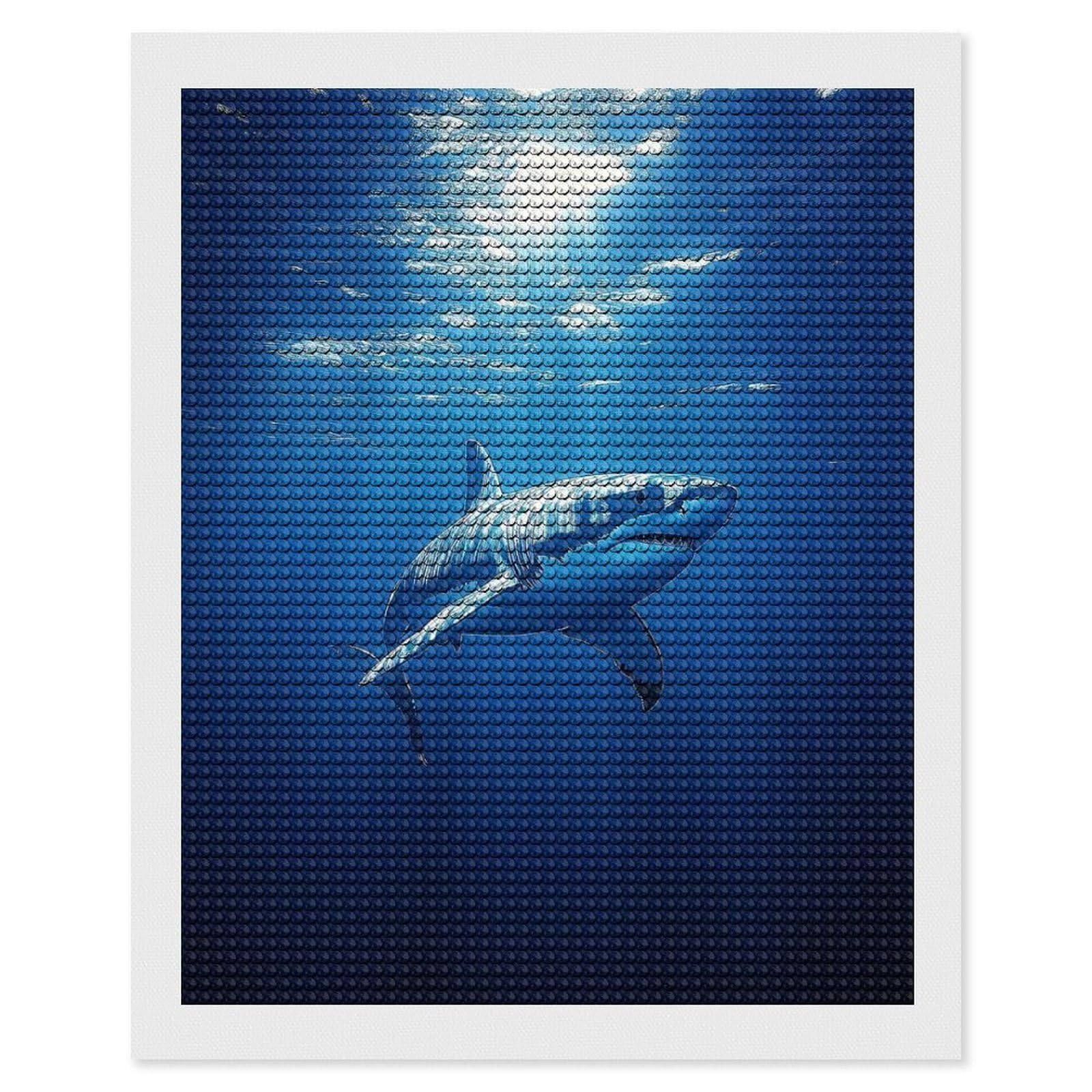 Junmoney Great White Shark in Ocean Depths Diamond Art Canvas 16"x20", Easy Handmade Project, Complete Accessories, Bedroom Decor, Birthday Gift