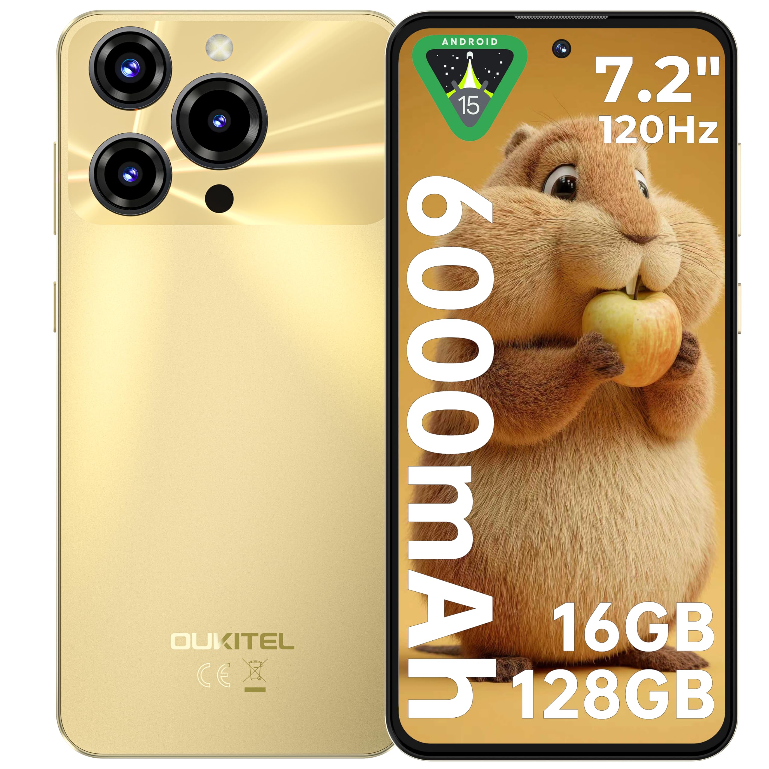 OUKITEL C69 Smartphone Android 15-7.2" HD+ 120Hz Schermo Grande, 64MP+8MP Camera 6000mAh Telefono Cellulare,16GB RAM+128GB ROM TF/1TB Cellulare 4G,Dual SIM Telefono/Face ID/Impronta digitale/OTG,Oro