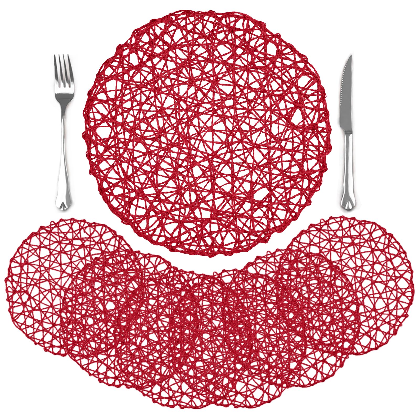 comfoyar Round Paper Braided Placemats Set of 6, 33cm Non-Slip Red Hand Woven Place Mats, Natural Table Mats for Indoor Outdoor Kitchen Dining Party Table Decoration