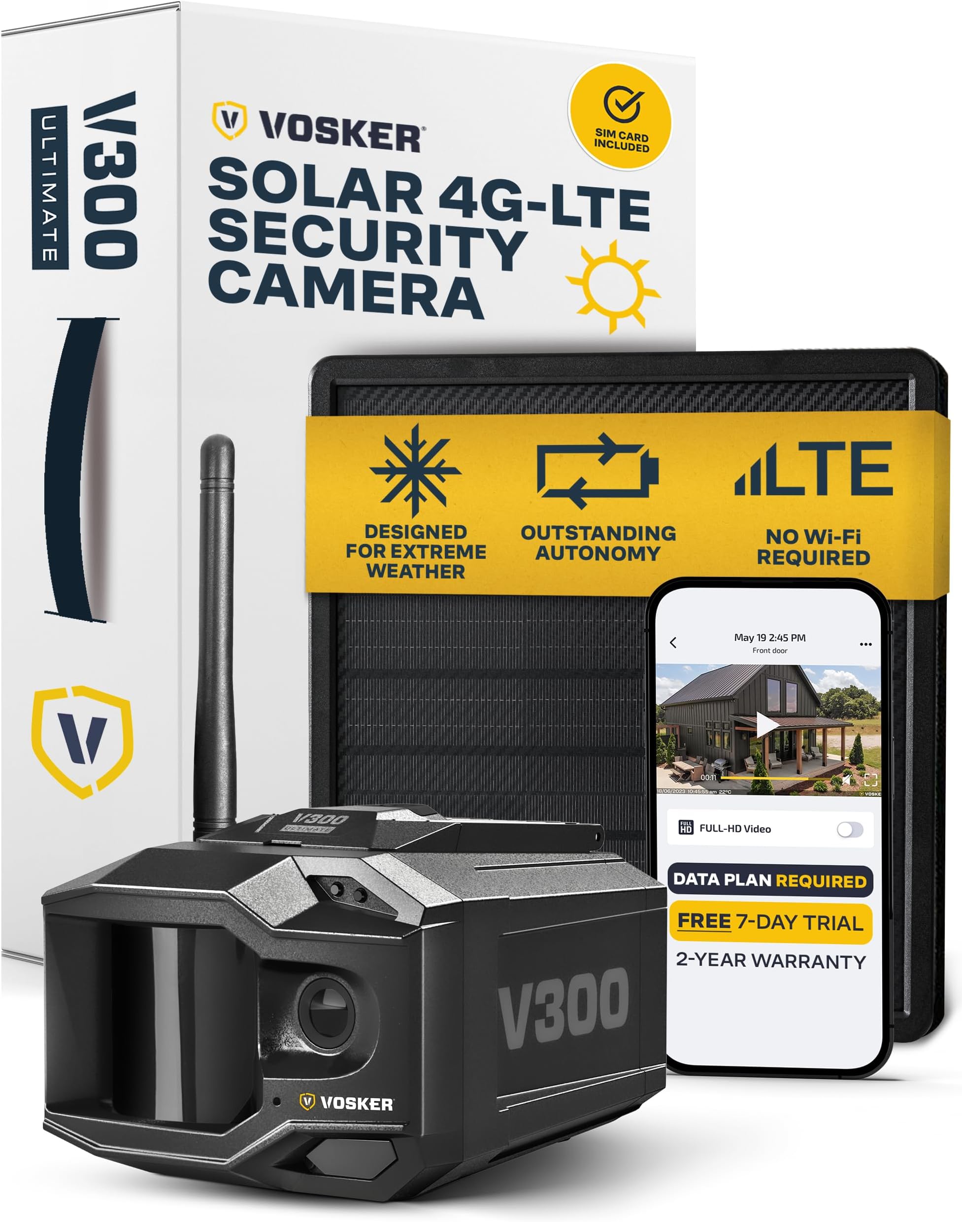 Vosker V300 Ultimate 4G-LTE Autonomous Outdoor Security Camera | High-Capacity 15,000 mAh External Solar Power Bank | SIM Card Included | No WiFi Needed | Live Streaming