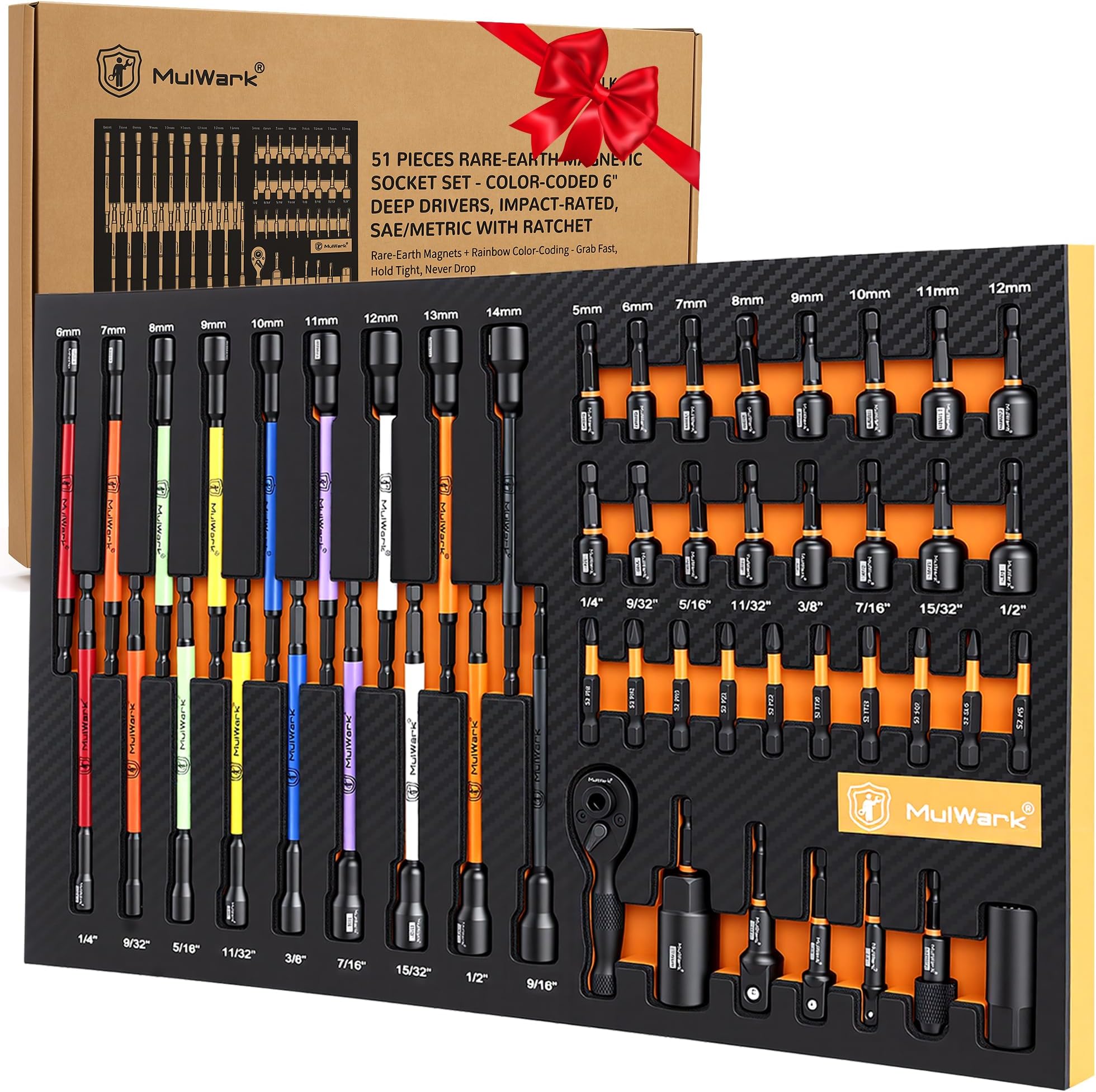 MulWark 51pcs Nut Driver Set, Rare-Earth Magnetic Socket Set - Color-Coded 6" Deep Drivers, 1/4" Drive Magnetic Impact Nut Driver Set Metric & SAE Standard & Deep with Socket Adapters