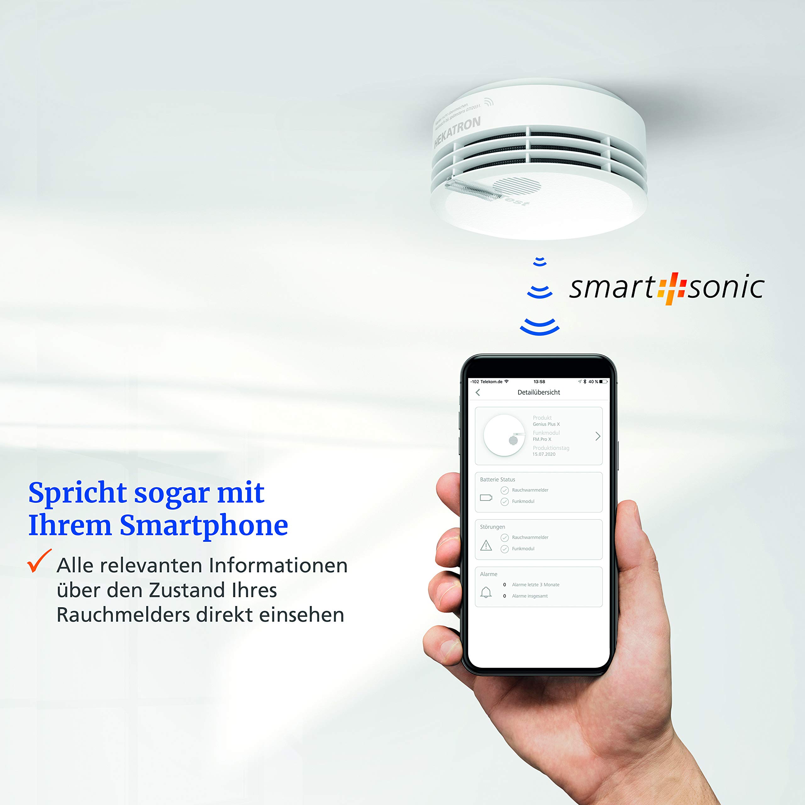 Hekatron 31-5000021-15-01 Rauchmelder Genius Plus X inkl. Funkmodul Basis X – Optional Funk-vernetzbar – 10 Jahre Lebensdauer der Batterie & Mehrfarbig LED – Rauchwarnmelder in Weiß – 1 Stück