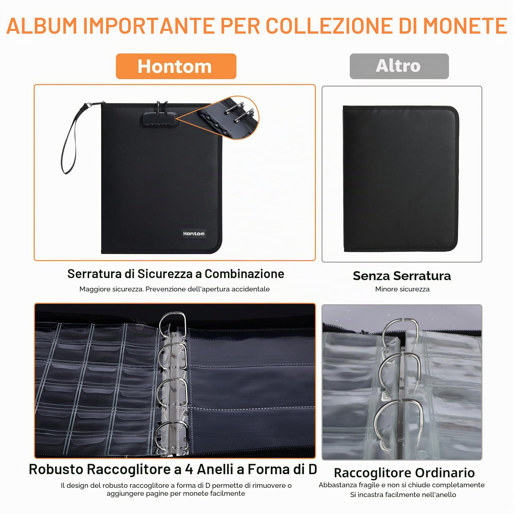 Hontom - Album per collezione di monete per collezionisti con serratura, 400 tasche portamonete ignifugo e 36 buste per monete in carta, organizer per monete, banconote, gettoni, badge