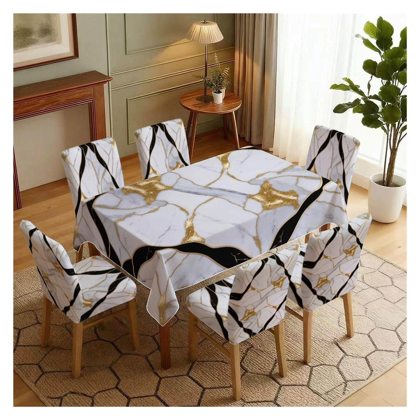 KXUAUV Marble Print Tablecloth & Chair Covers Set, Slipcovers For Dining Room, Kitchen, Modern & Elegant Decor, 5/7 Pack Party Decor(7pcs Set: Tablecloth+Chair Covers)