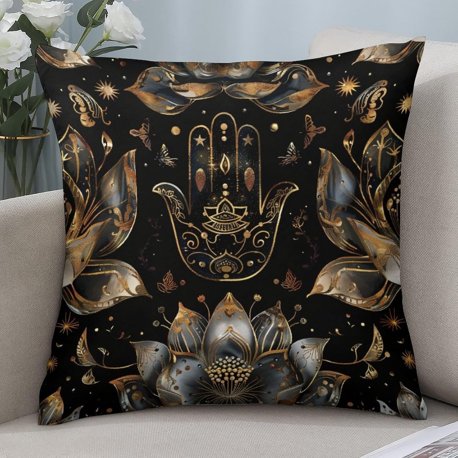 2 Packs Hamsa Hand Floral Throw Pillow Covers for Living Room, Boho Art Mandala Fantasy Pillow Covers Cushion Case for Couch Sofa Bed, 20x20 inch