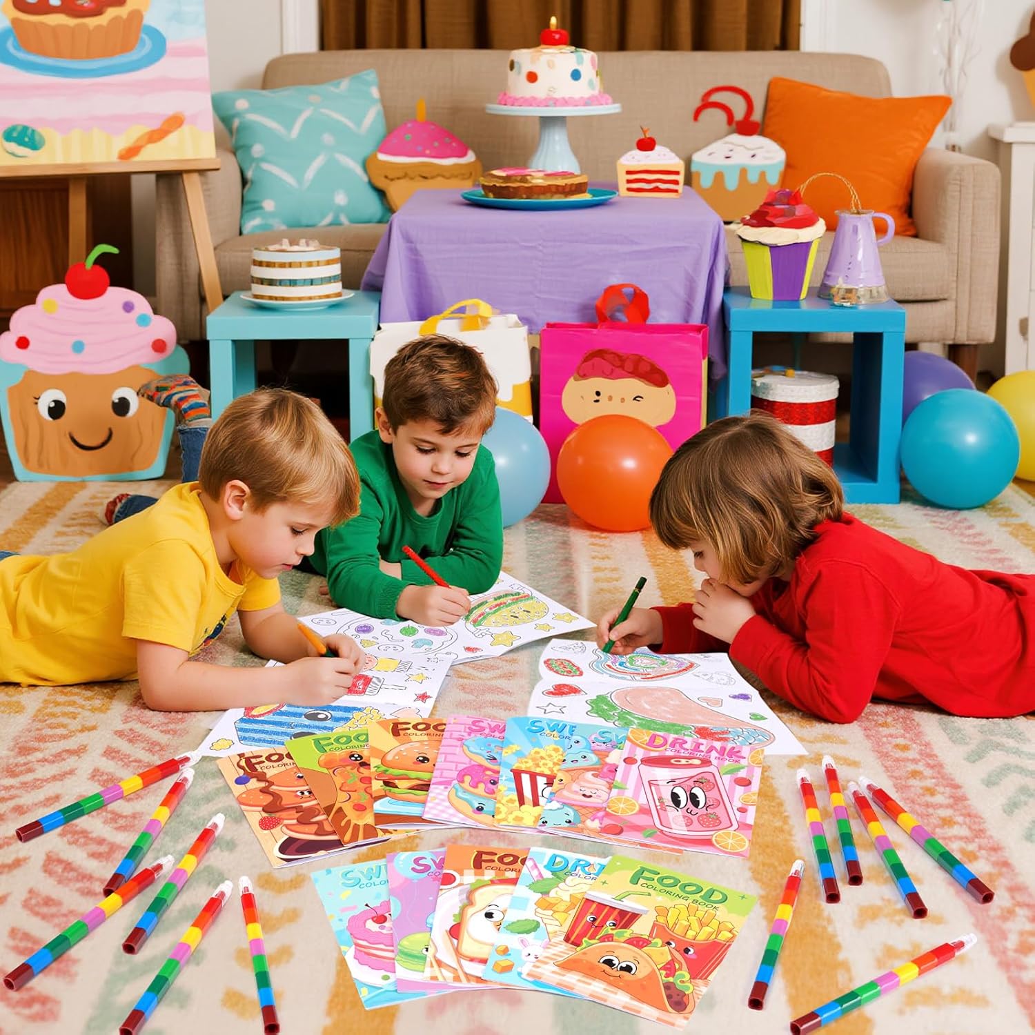 BenLouis 24 Fast Food Mini Coloring Books Kids with 24 Stacking Crayons Snacks Donut Pizza Party Favors Activity Books Bulk for Kids Delicious Fast Food Goodie Bag Gift Stuffer Classroom Reward