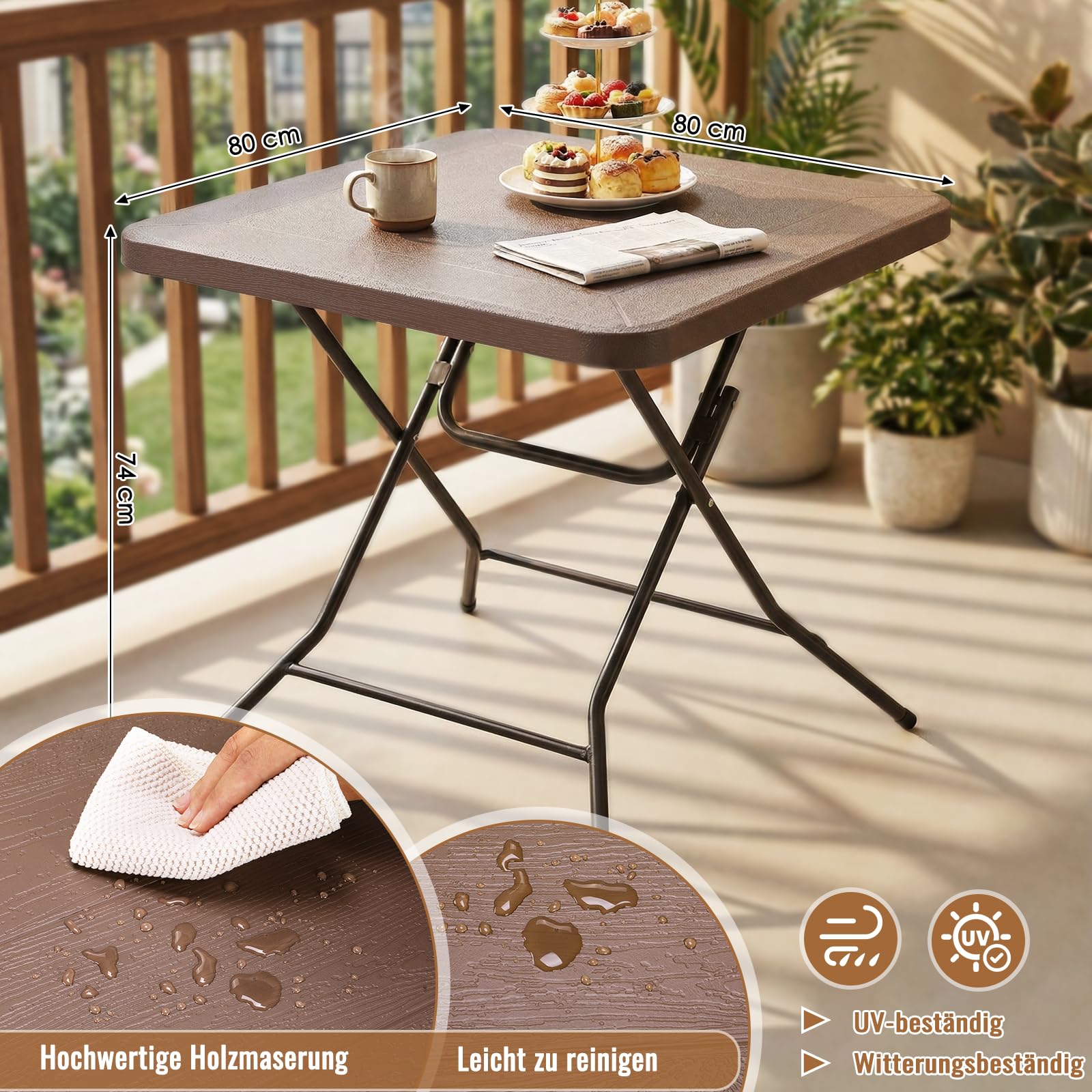 Clevich Mesa de jardín 80 x 80 x 74 cm, Mesa Plegable Portátil, Estructura de Acero y Espesar HDPE, Mesa de Camping, Resistente a la Intemperie, fácil de Limpiar para jardín, Terraza (Marrón)