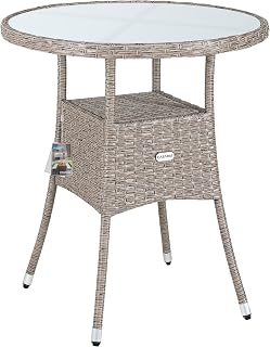 CASARIA® 60cm Round Poly Rattan Glass Top Garden Table | Outdoor Side Table With Frosted Safety Glass Plate | Weatherproof Dining Furniture Patio Balcony Bistro Coffee Cafe Beige Grey