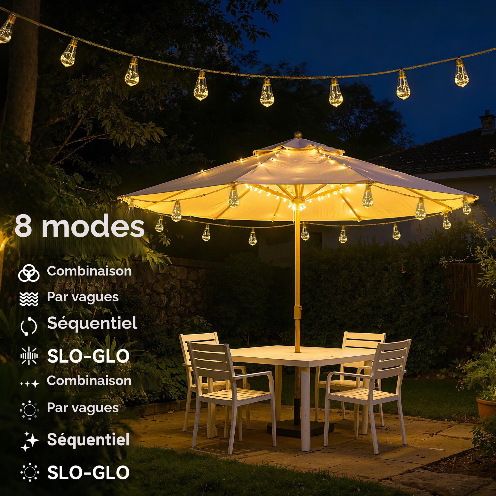 Lampes solaires d'extérieur de jardin - 20 ampoules S17 - 10 m - Corde de chanvre avec télécommande, USB et énergie solaire - Incassable - Étanche - 8 modes - Guirlande lumineuse féérique pour