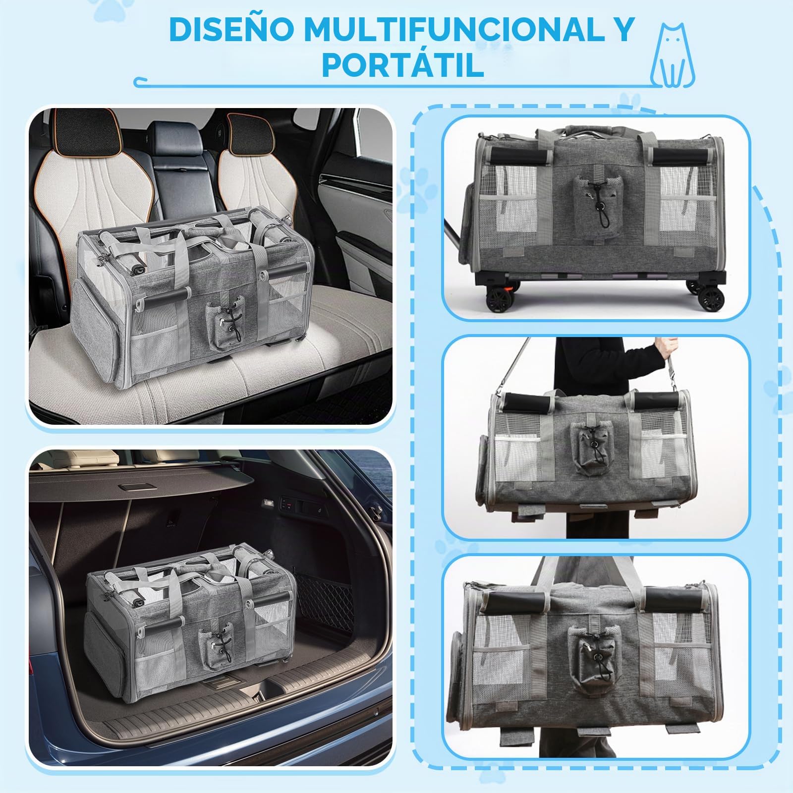 Transportín para Mascotas con Ruedas y Asa Telescópica, Carga Máxima 20 kg, Expandible Transportin Gato/Perro, para Viajar en Tren/Automóvil/Restaurante/Avión