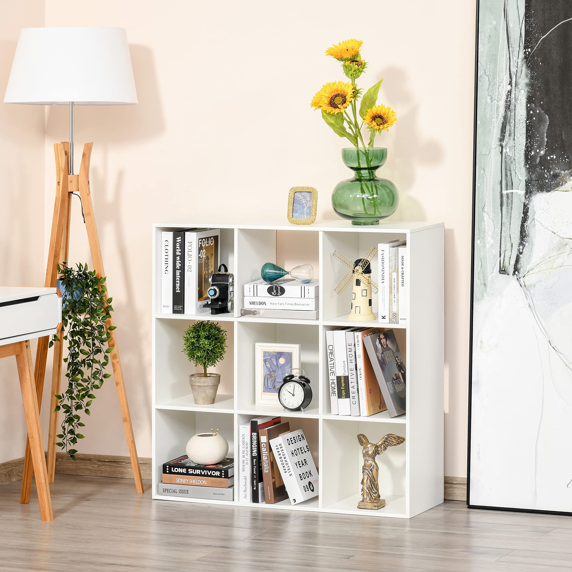 HOMCOM Libreria Bianca per Casa e Ufficio 9 Cubi 91.5 x 29.5 x 91.5 cm | Scaffale dal Design Moderno, 9 Scomparti in Legno