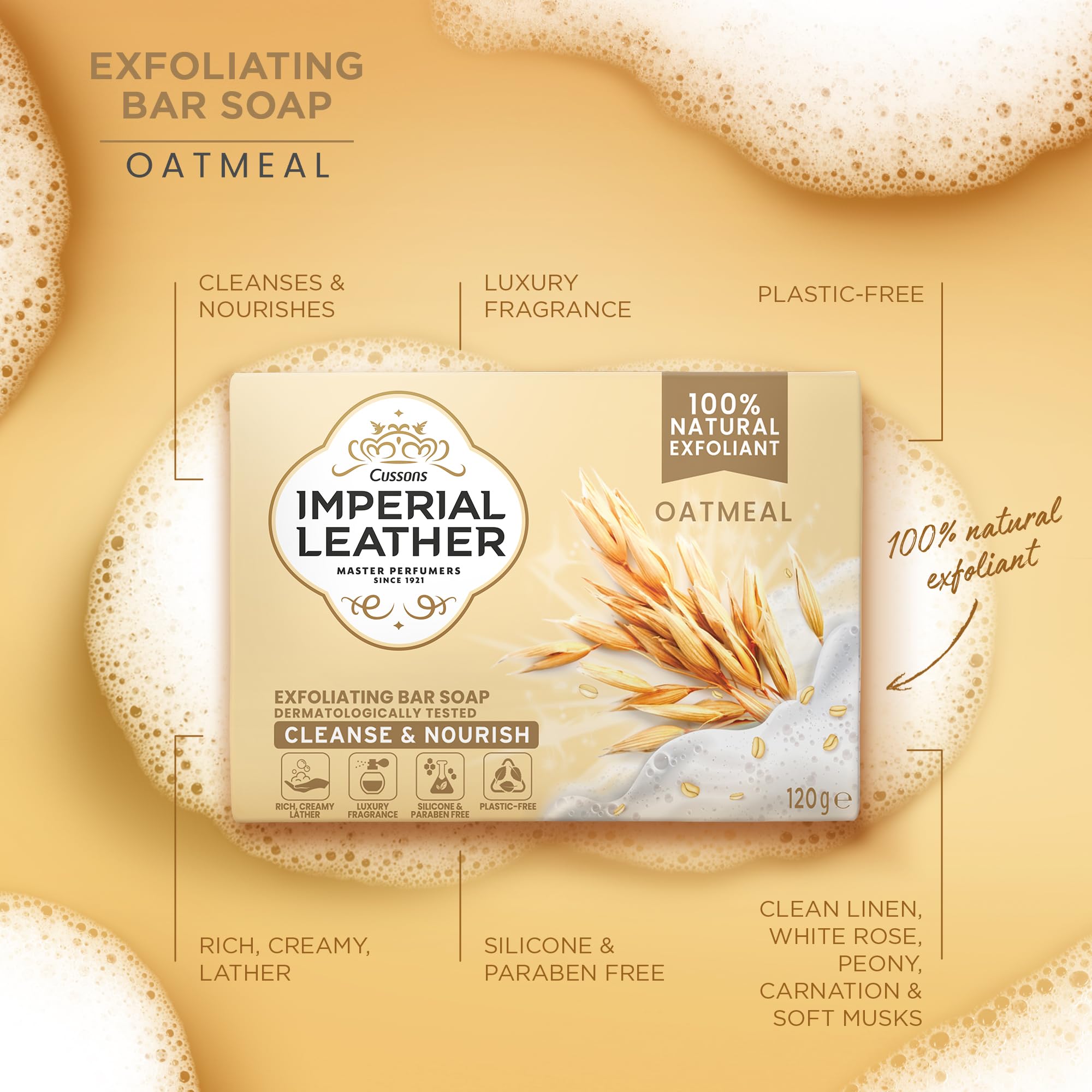 Imperial Leather Oatmeal Exfoliating Bar Soap, Bulk Buy, Pack 12 x 120g, Oaty Cream, 1.44 kg (Pack of 1) - Image 3