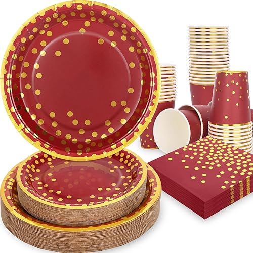 Gudvilla 200 unidades de decoraciones de fiesta de color burdeos, platos y servilletas rojo vino, suministros de fiesta, 50 platos de papel borgoña
