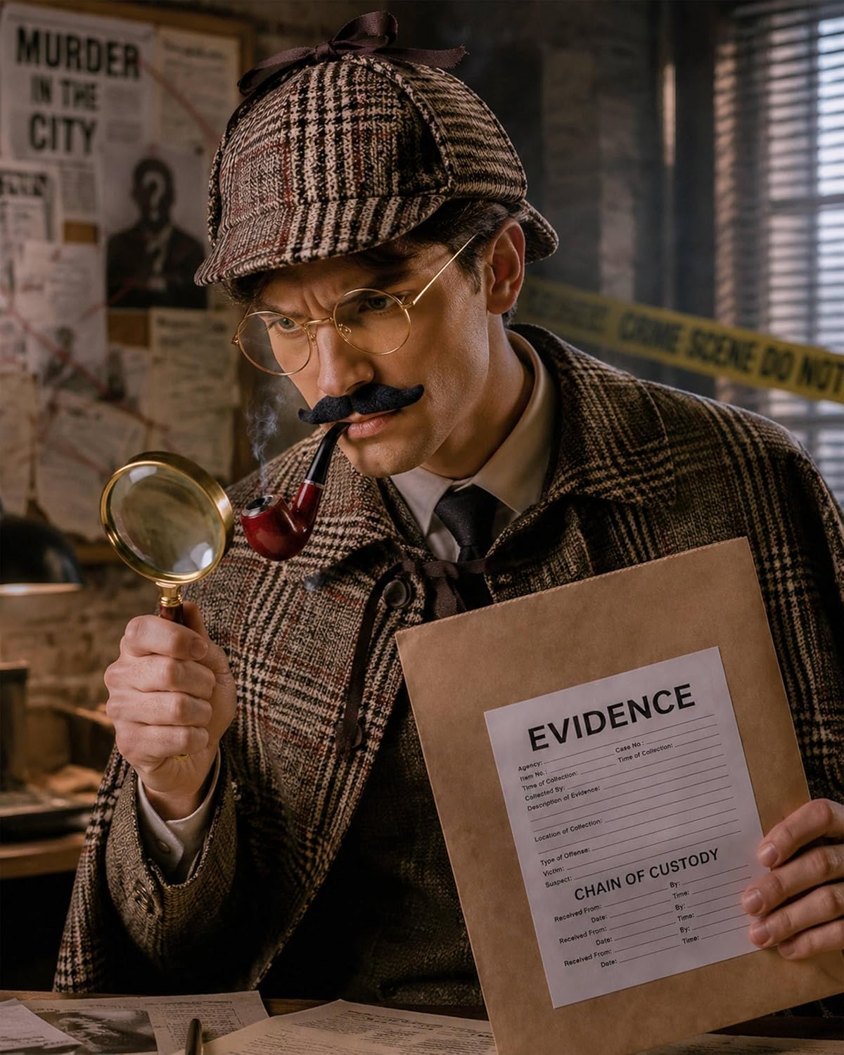 Detective Costume Accessories Set for Adults,Sherlock Holmes Kit,Deerstalker Hat,5X Magnifying Glass,Resin Pipe,Evidence Bag