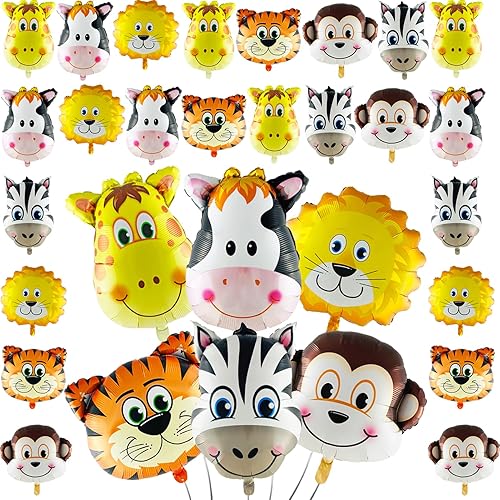 Globos de animales de safari en la selva, 30 piezas de helio mixto de helio, adorable vaca, tigre, león, mono, cebra, jirafa, globos en forma de