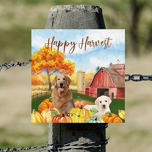 Miniatura 5 de Happy Harvest - Letrero de madera de granero americano con diseño de perro matón americano de bienvenida para otoño, placa de pared de calabaza,