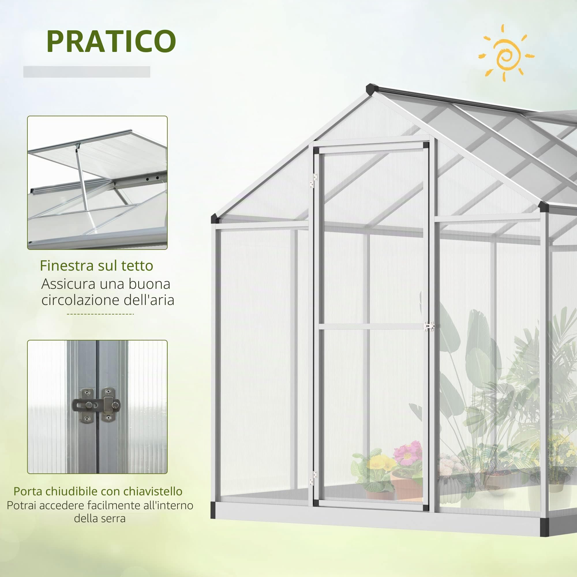 Outsunny Serra da giardino 3 x 2 m Alluminio Policarbonato 5,5 m² Fondazione Lucarne Porta fermo
