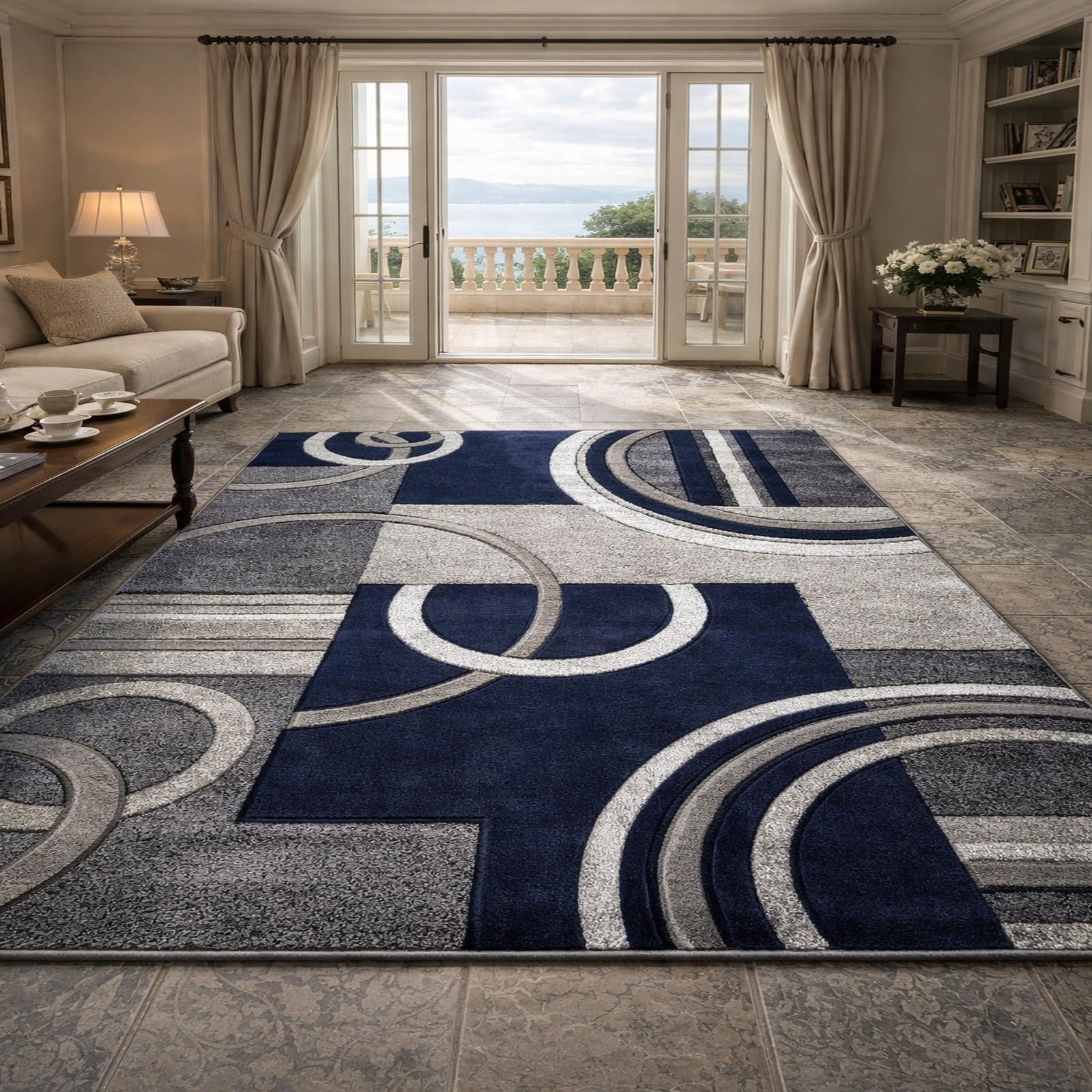 Tapis de chambre adulte moderne bleu marine et blanc pour déco maison