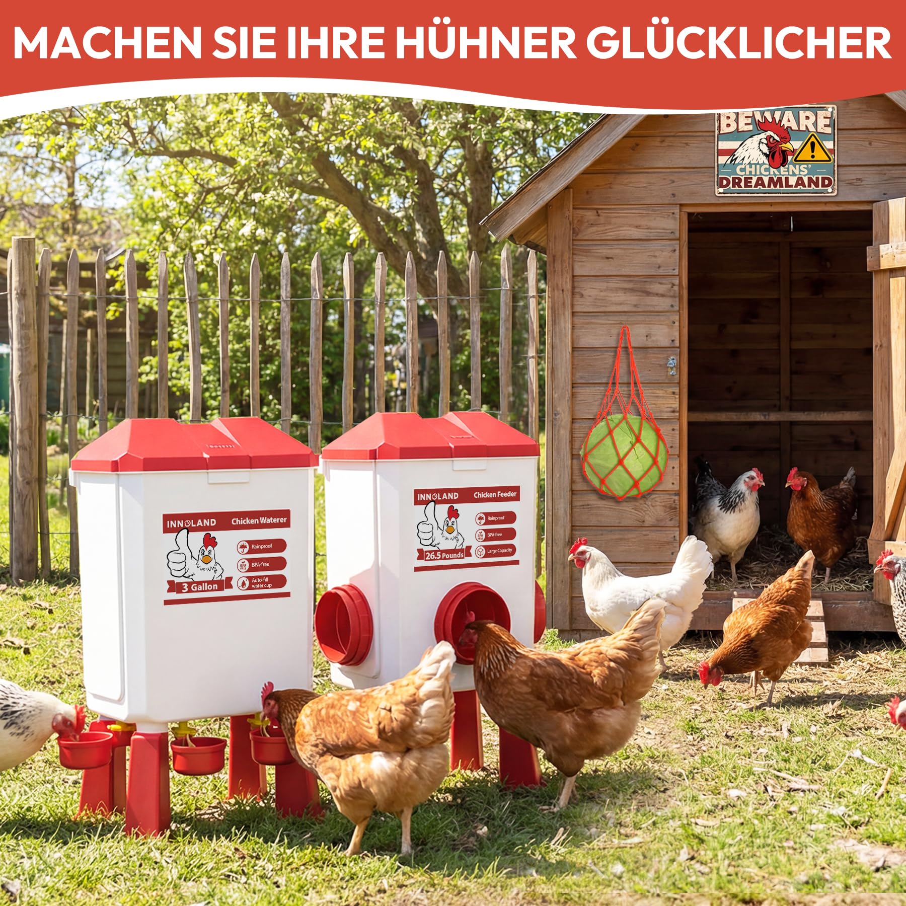 Futterautomat Hühner und Hühnertränke – 12 kg/11 L, Wassertränke Hühner mit 4 Bechern und 3 Futteröffnungen, Keine Verschwendung, Geflügeltränke, Hühnerzubehör für Hennen/Enten/Geflügel
