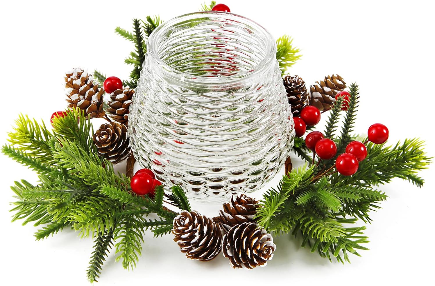 OYATONChristmas Candle Holder with Wreath Candle Rings, Christmas Centerpieces with Artificial Snowy Pine Cones and Berries for Home Dining Table Decoration