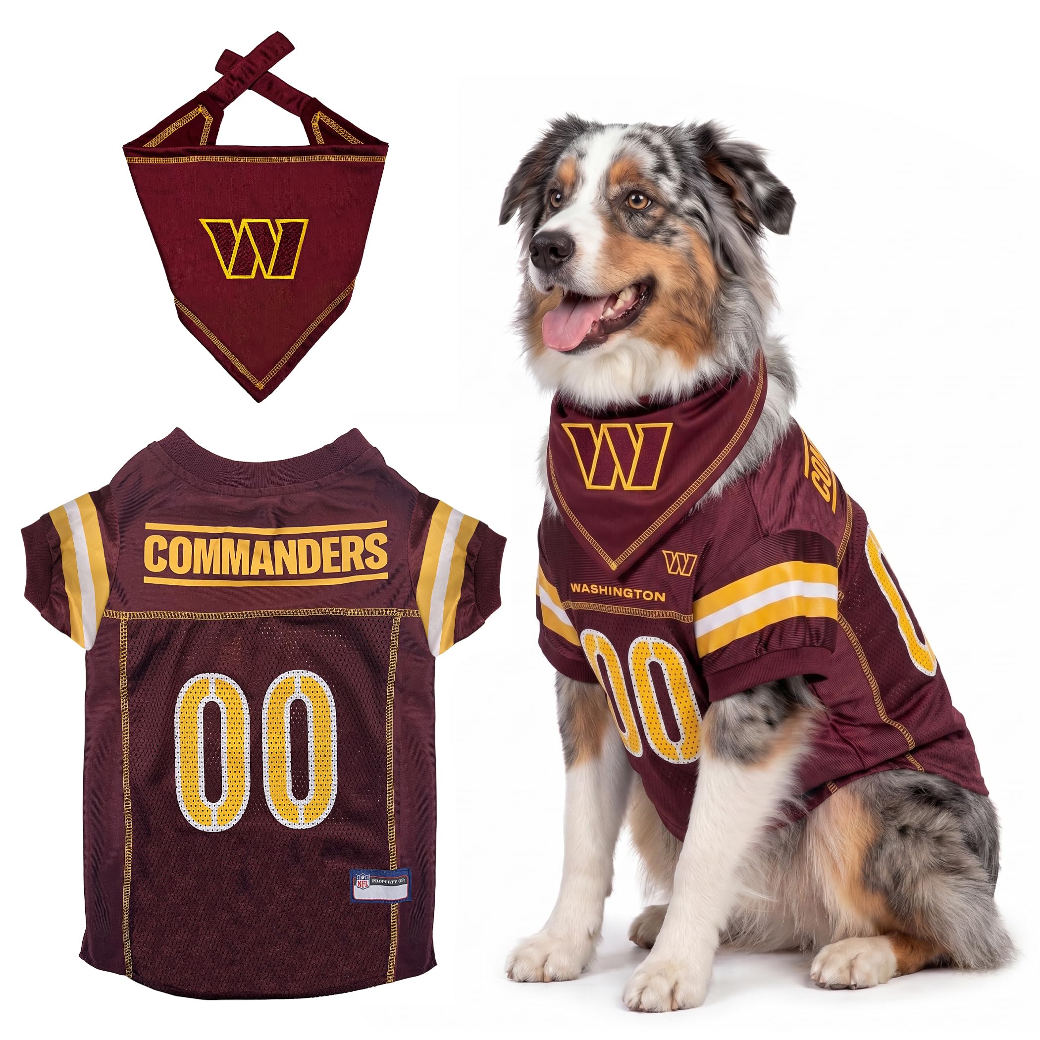 Pets First NFL Washington Commanders Dog Jersey with Coordinated Tie Bandana Included, Size Large Official NFL Pet Apparel, Breathable Mesh, Durable, Team Logo Design, Dog Sports T-Shirt