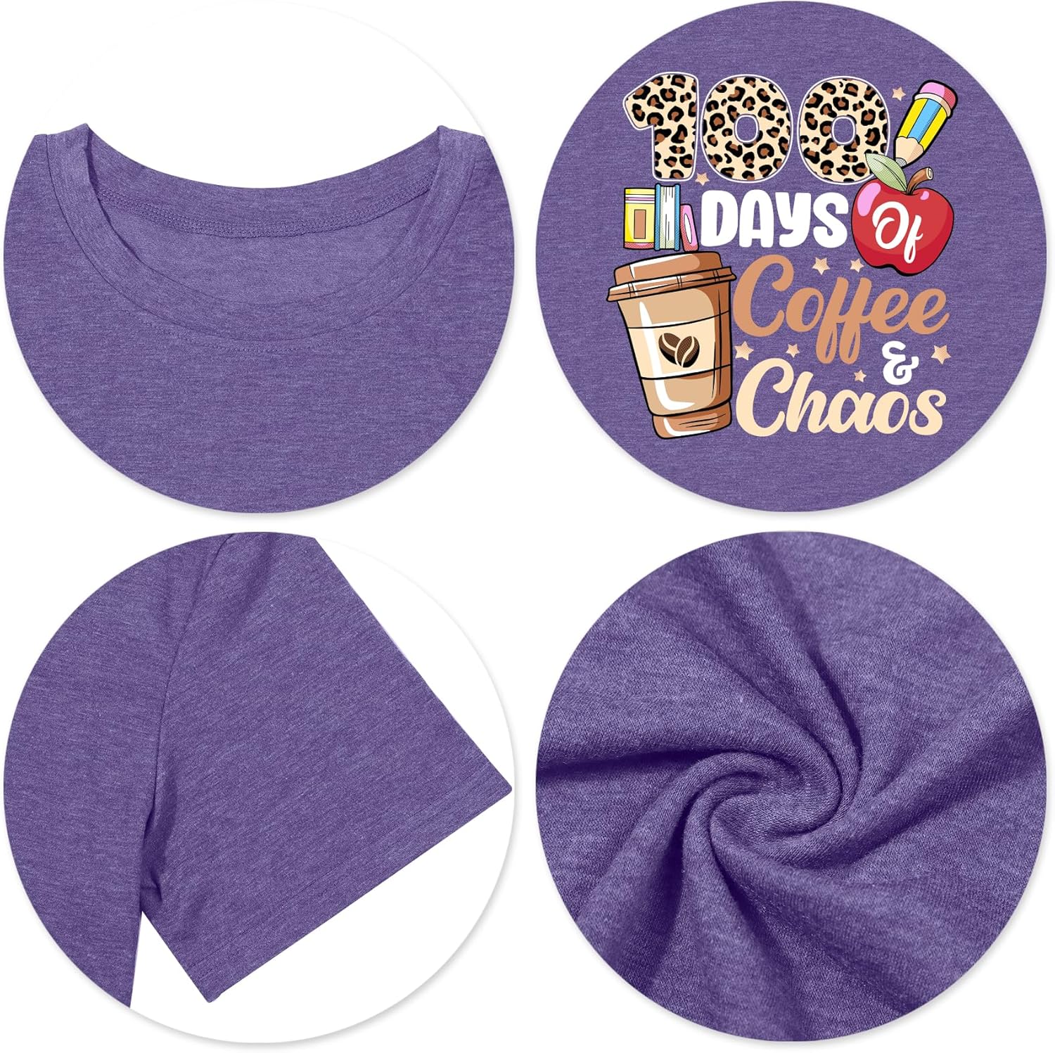 100 Days of Coffee Chaos Shirts for Women Happy 100 Days of School T-Shirt Teach Print Graphic Shirt Teacher Gifts Tops - Image 5