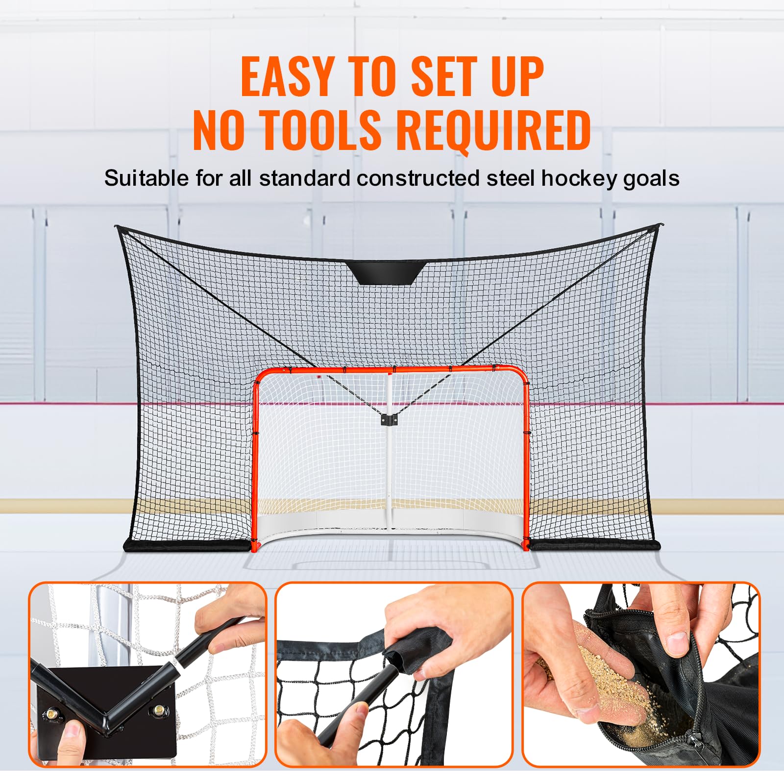 VEVOR Filet de But de Hockey 366x220 cm, Pare-Ballons de Rue, Ensemble d'Entraînement Portable, Assemblage Facile, Intérieur et Extérieur, Noir (Cadre Non Inclus)