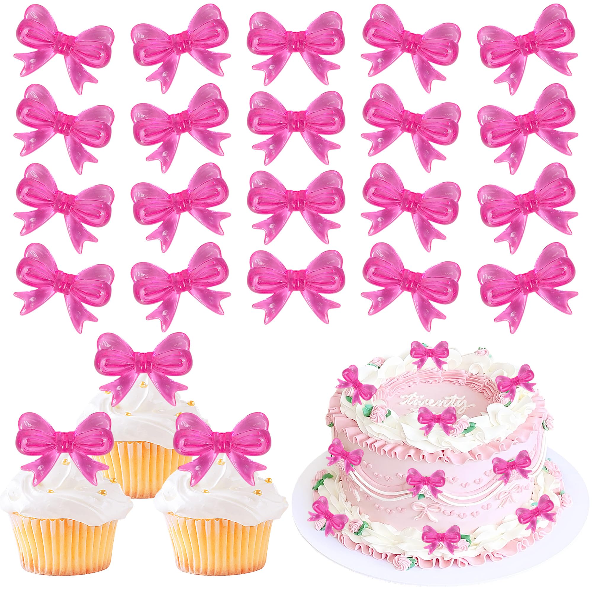 30 Pcs Pink Bow Cupcake Toppers - Pre-Assembled Party Decorations For Baby Showers
