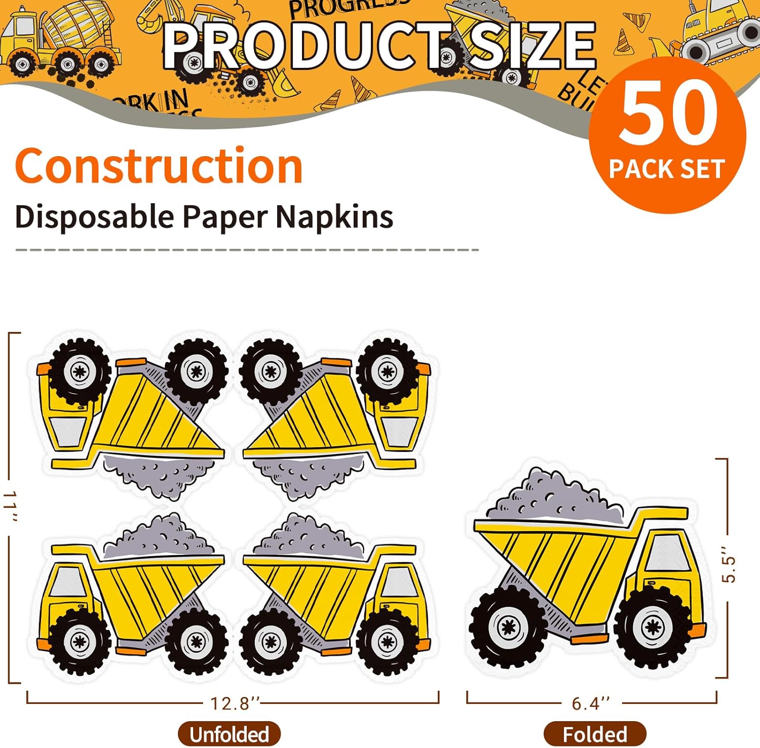 DYLIVeS Construction Theme Party Napkins, Truck Cocktail Party Napkins, Disposable Paper Napkins for Dinner, Luncheon, Construction Shape Birthday Party Supplies Decoration, 6.5 Inch (Pack of 50)
