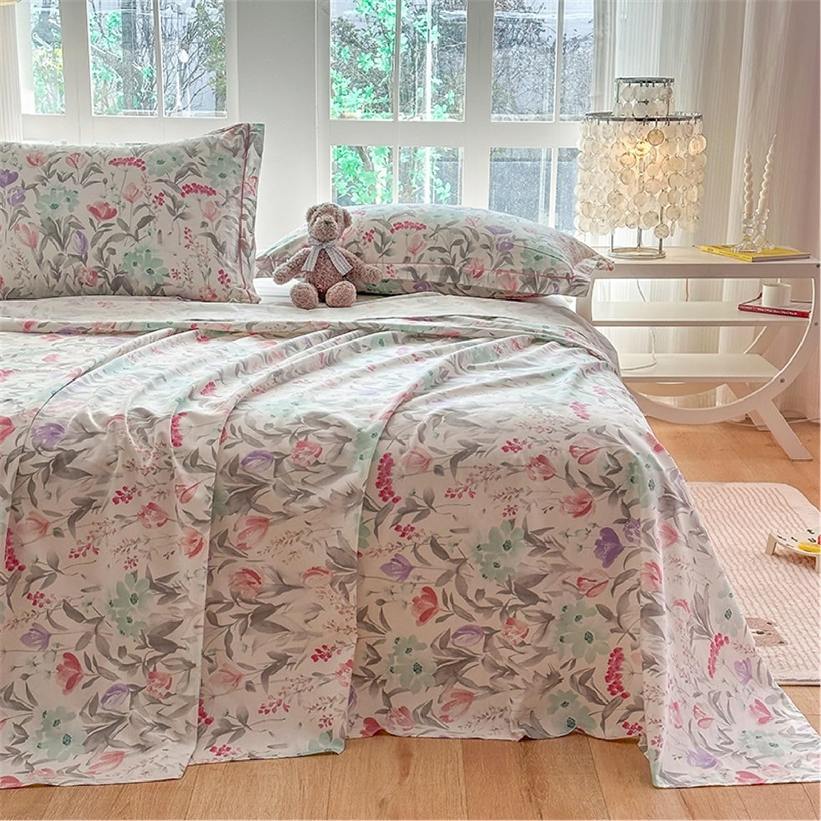 Bettlaken Betttuch Haustuch Laken aus 100% Baumwolle mit Blumenmuster ohne Gummizug Atmungsaktives und Weiches(Flower A,245x270cm Rounded)