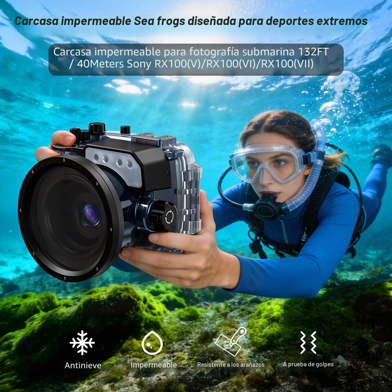 Sea frogs Funda para cámara subacuática Compatible con Sony RX100 VII IPX8 de 40 m/130 pies, Profundidad máxima de inmersión, Carcasa Impermeable para Buceo, Surf, Remo, esquí RX100-7 | IPX8 40 m/130 ft Profundidad máxima de inmersión RX100 VIICámara Cuer