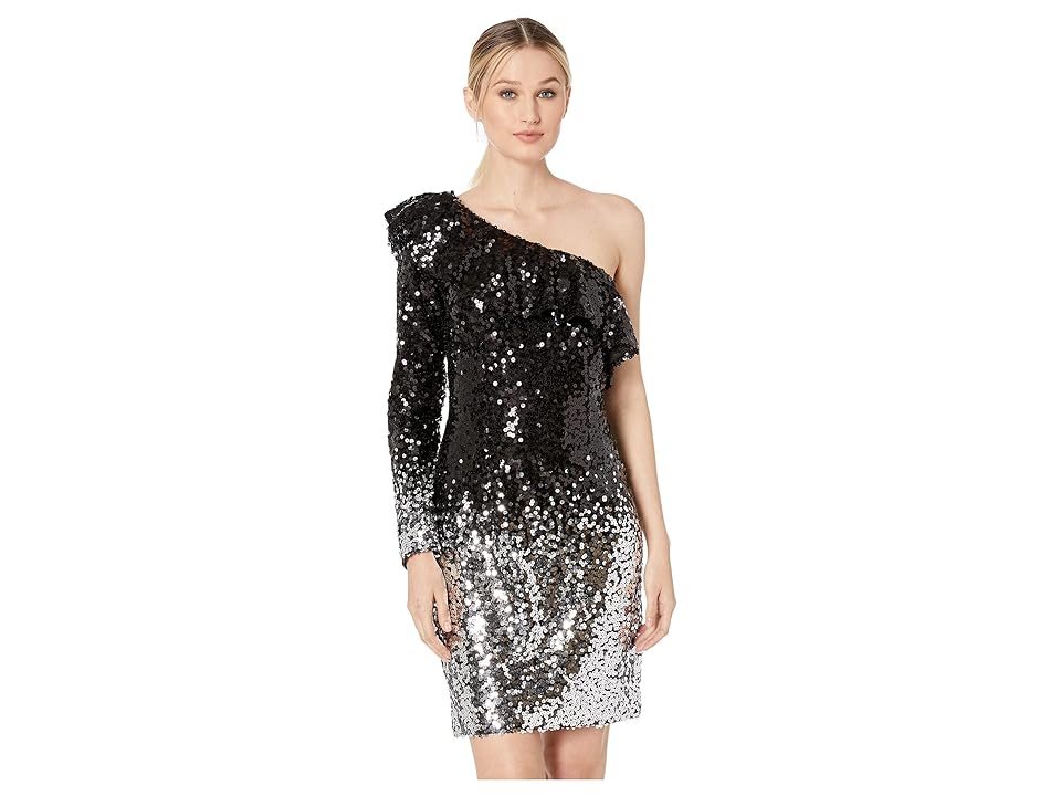 

Laundry by Shelli Segal One Shoulder Ombre Sequin Cocktail Dress (Black/Silver) Women's Dress