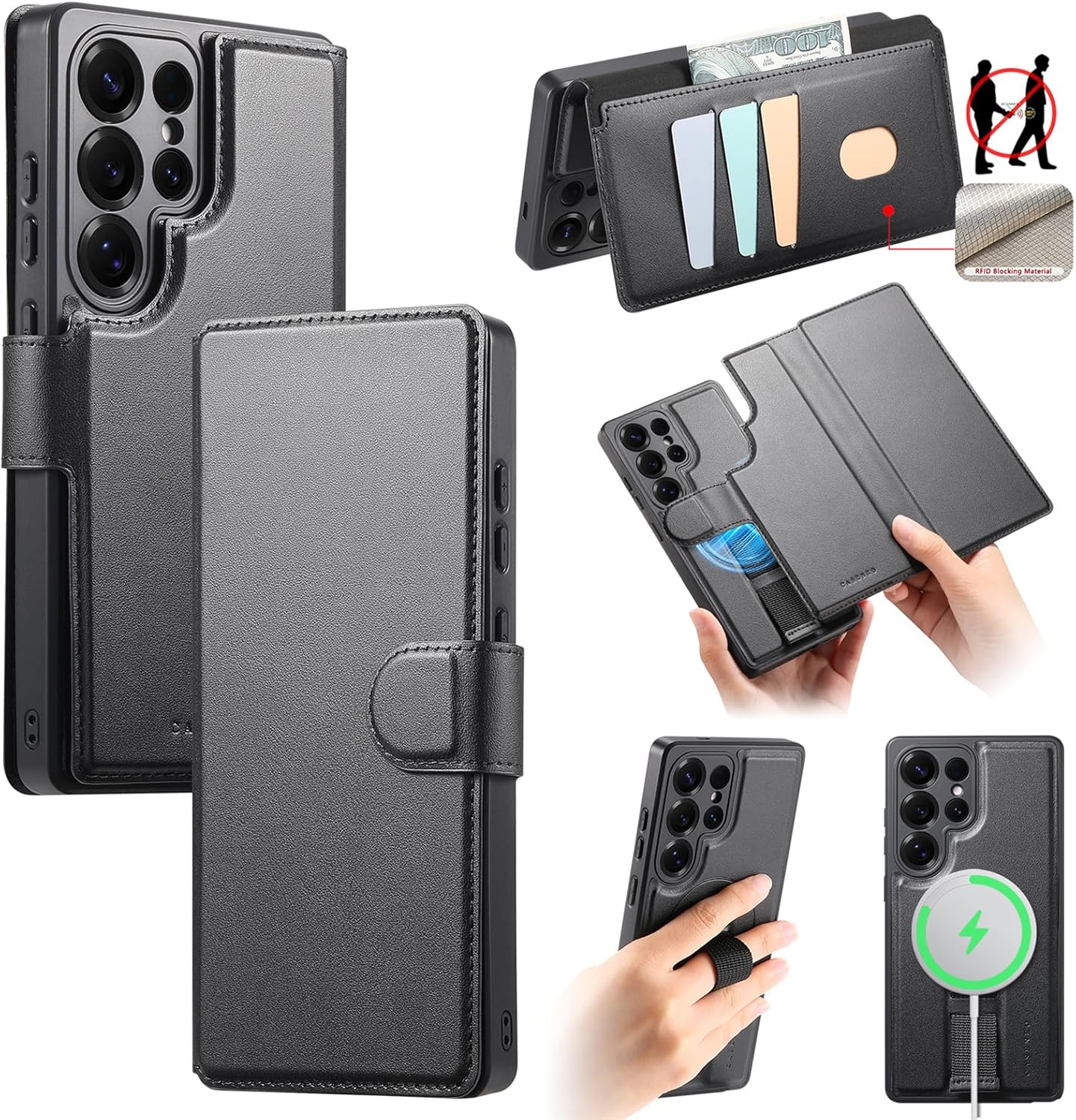 HAOTP for Samsung Galaxy S25 Ultra Wallet Case with Card Holder,RFID Blocking PU Leather Flip Folio Telescopic Finger Strap Cover,Detachable Magnetic Kickstand Shockproof Case for Women Men Black