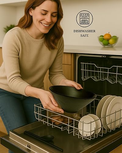 Miniatura 8 de 2 juegos (6 piezas) de 57 onzas grandes de fideos japoneses para sopa de fideos de ramen japonés de melamina con cuchara a juego y palillos para