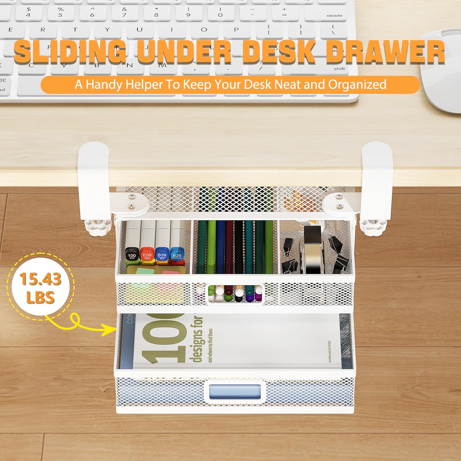 Under Desk Drawer Organizer with 2 Slide Out Drawers – No Drilling Metal Clamp-On Storage, Anti-Slip Desk Drawer Attachment for Home & Office Desktop Organization (White)