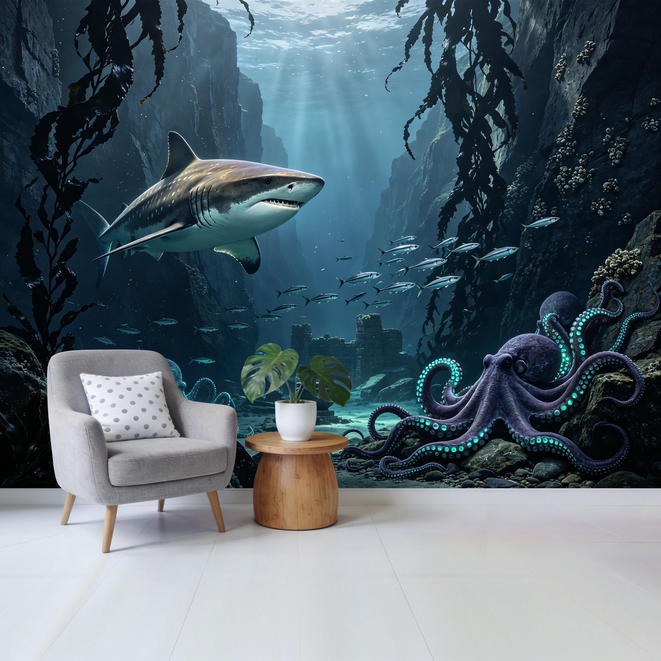 Custom Size Wall Mural Underwater Ocean Scene Shark Octopus Ruins Marine Landscape Removable Self Adhesive Fabric Home Wall Decor for Living Room Bedroom Bathroom