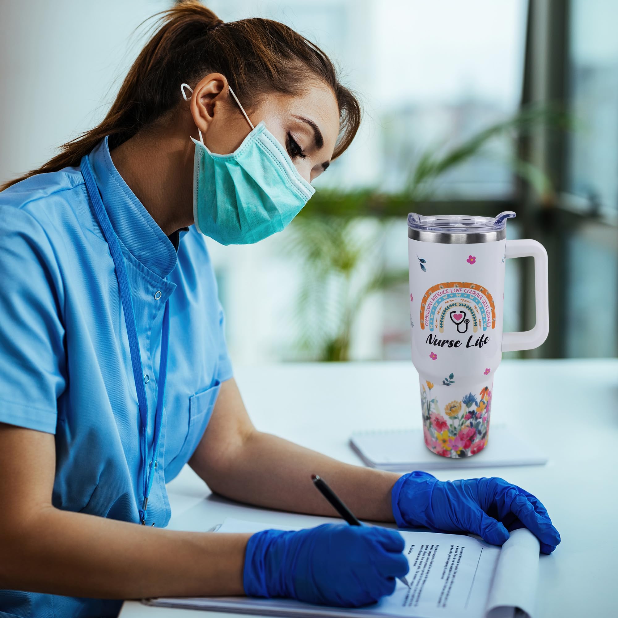 Gobelet De Voyage étanche En Acier Inoxydable De 1200 Ml Avec Poignée Et Couvercle à Paille, Cadeau D'infirmière, Cadeau De Semaine Pour Infirmière, Cadeau D'infirmière, Stéthoscope Blanc