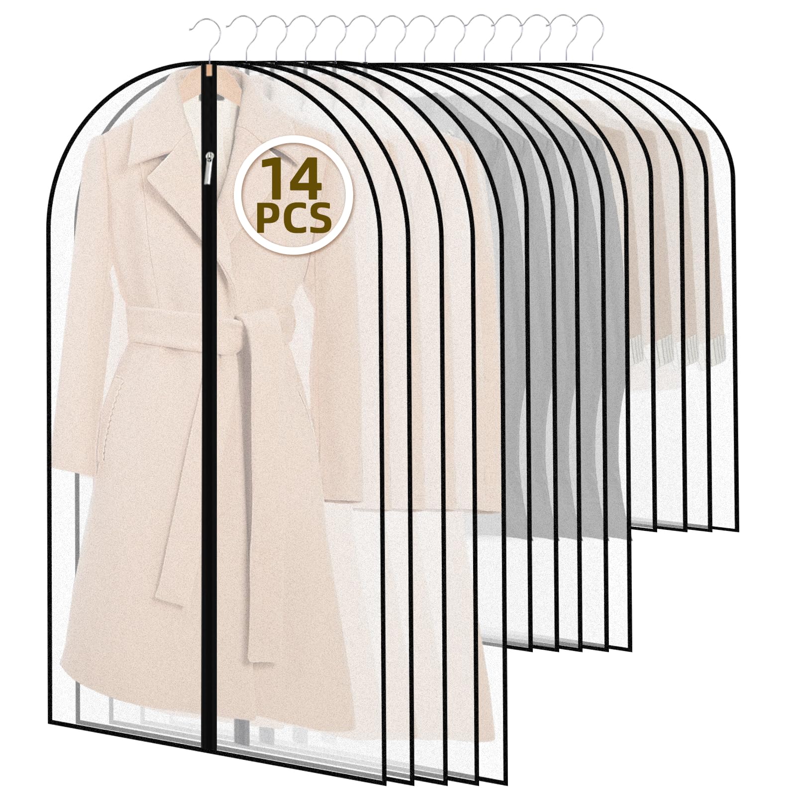 14 Pièces Housses De Vêtements 60x120/100/80cm - Anti Poussière Étanche Transparentes Avec Zip Pour Robes, Costumes Et Chemises