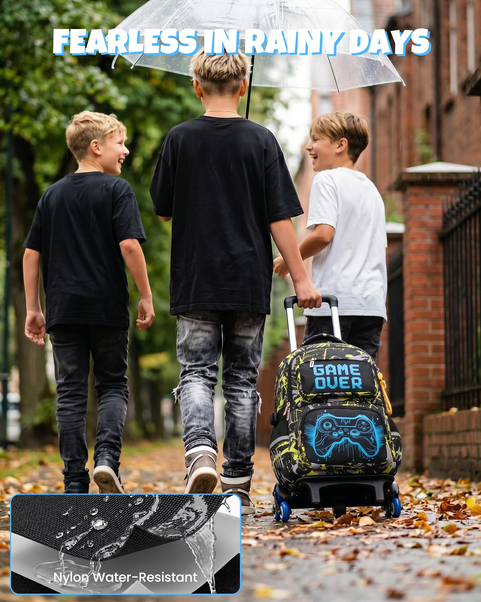 Amythe Mochila Trolley Niños 8 a 12 Años con 6 Ruedas Luminosa, Amarillo | Impermeable Grande Reflectante Ligero Amarillo Daypack Multi-Bolsillos Espacioso Resistente para Colegio Viaje Excursión